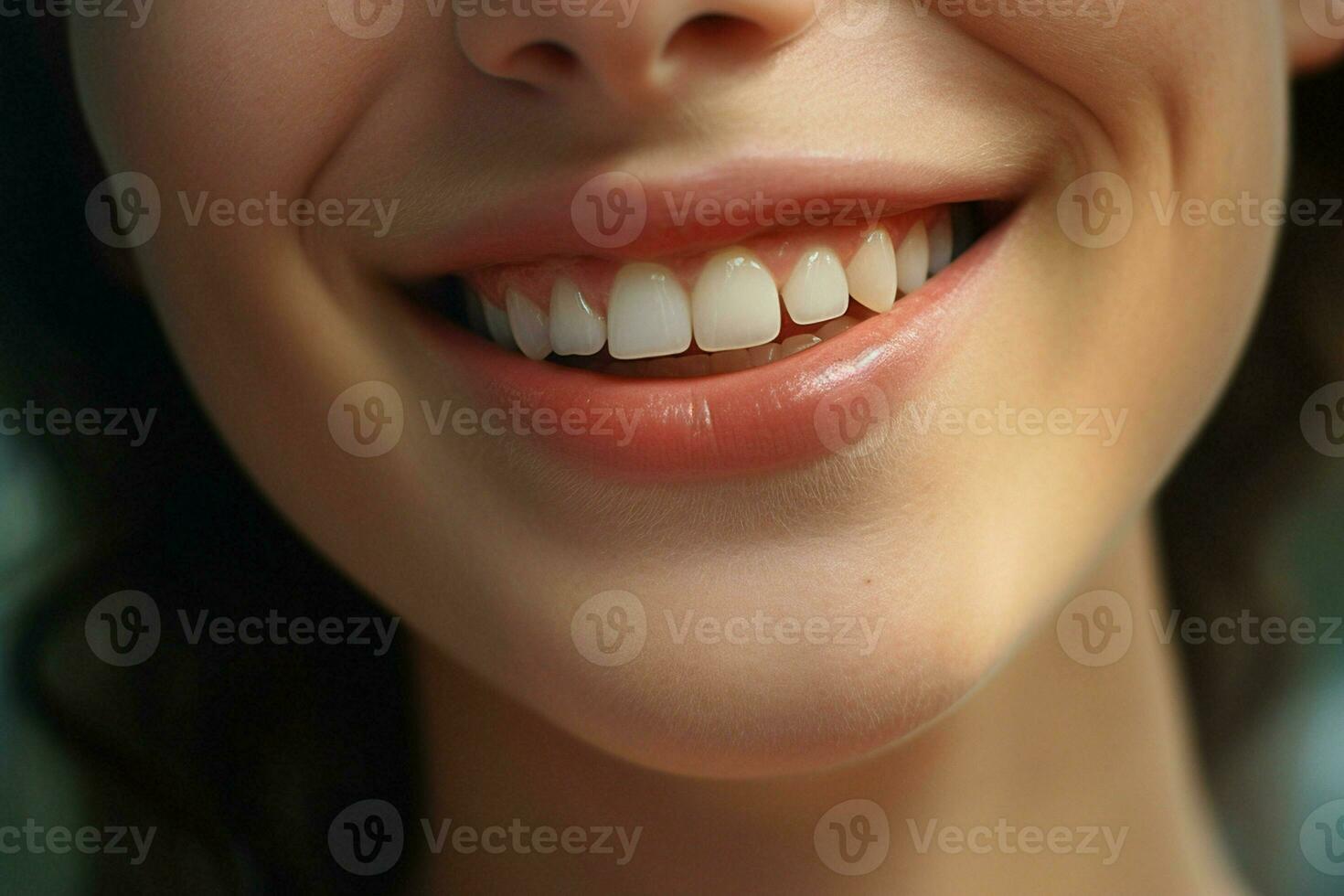 jovem mulher com lindo saudável sorriso, fechar-se. dental Cuidado. ai gerado pró foto