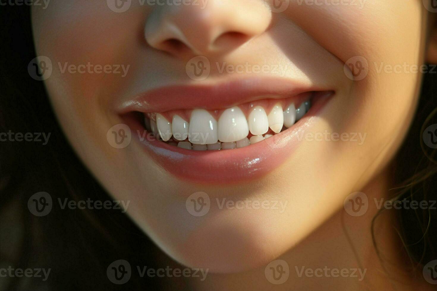 jovem mulher com lindo saudável sorriso, fechar-se. dental Cuidado. ai gerado pró foto