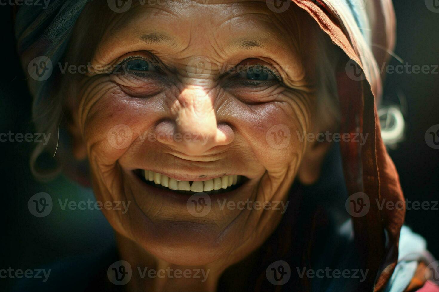 retrato do uma sorridente Senior mulher. foco em a olhos. ai gerado pró foto