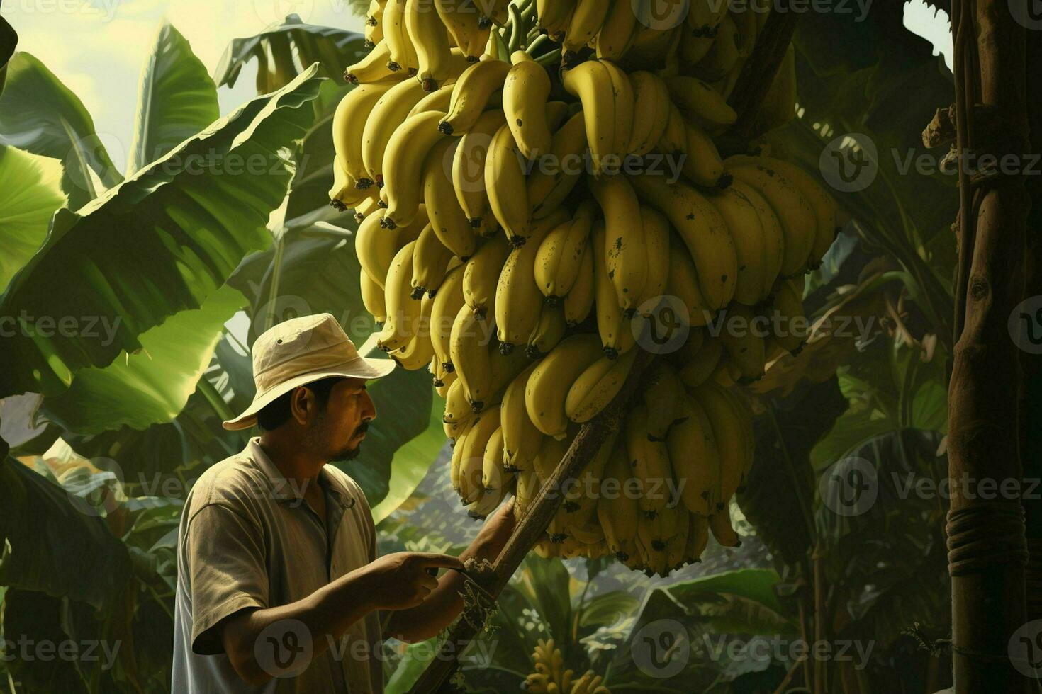 agricultor trabalhando dentro uma banana plantação, colheita do maduro bananas. ai gerado pró foto