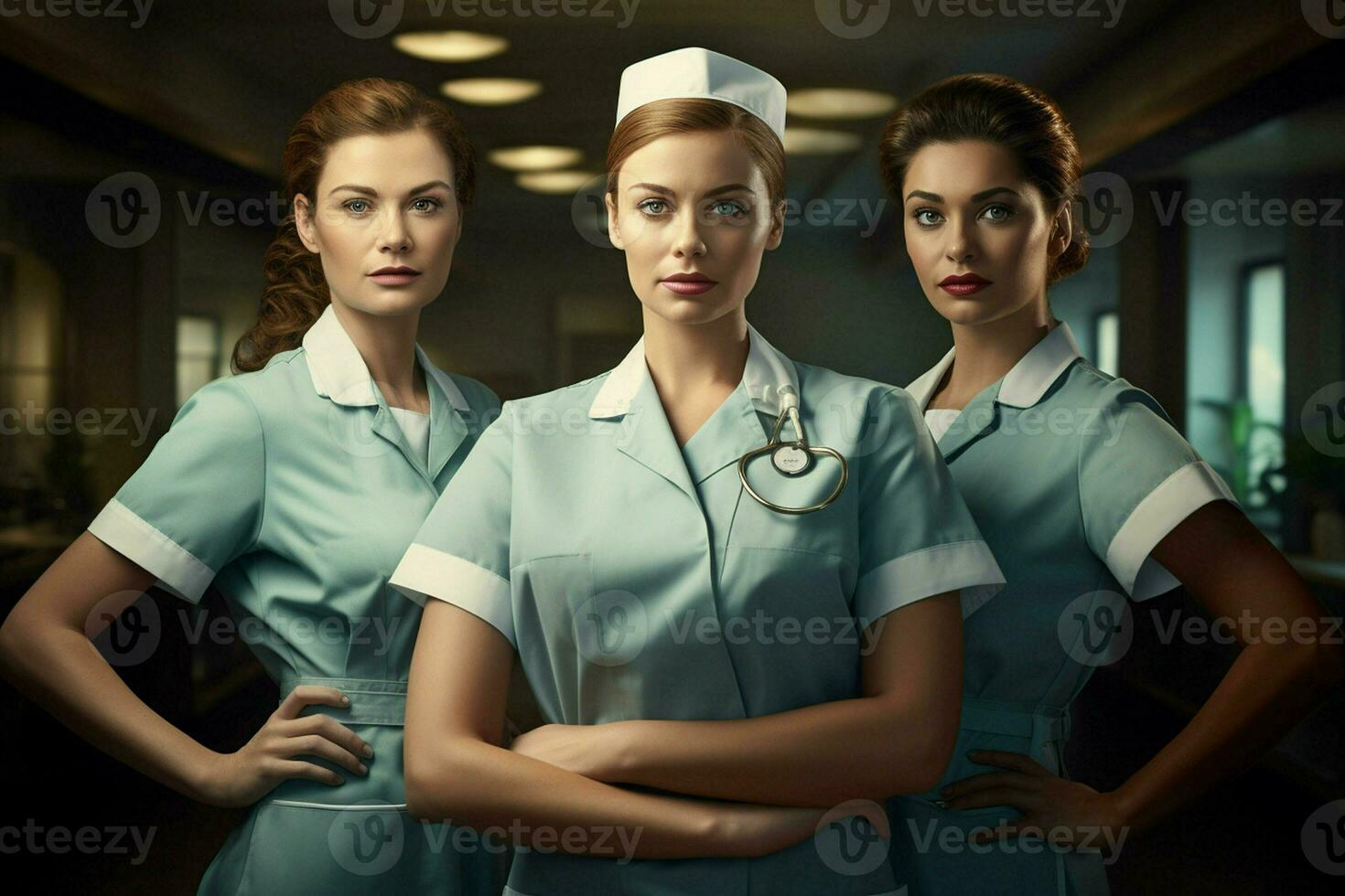 lindo jovem mulheres dentro médico uniforme em pé dentro hospital corredor. ai gerado pró foto