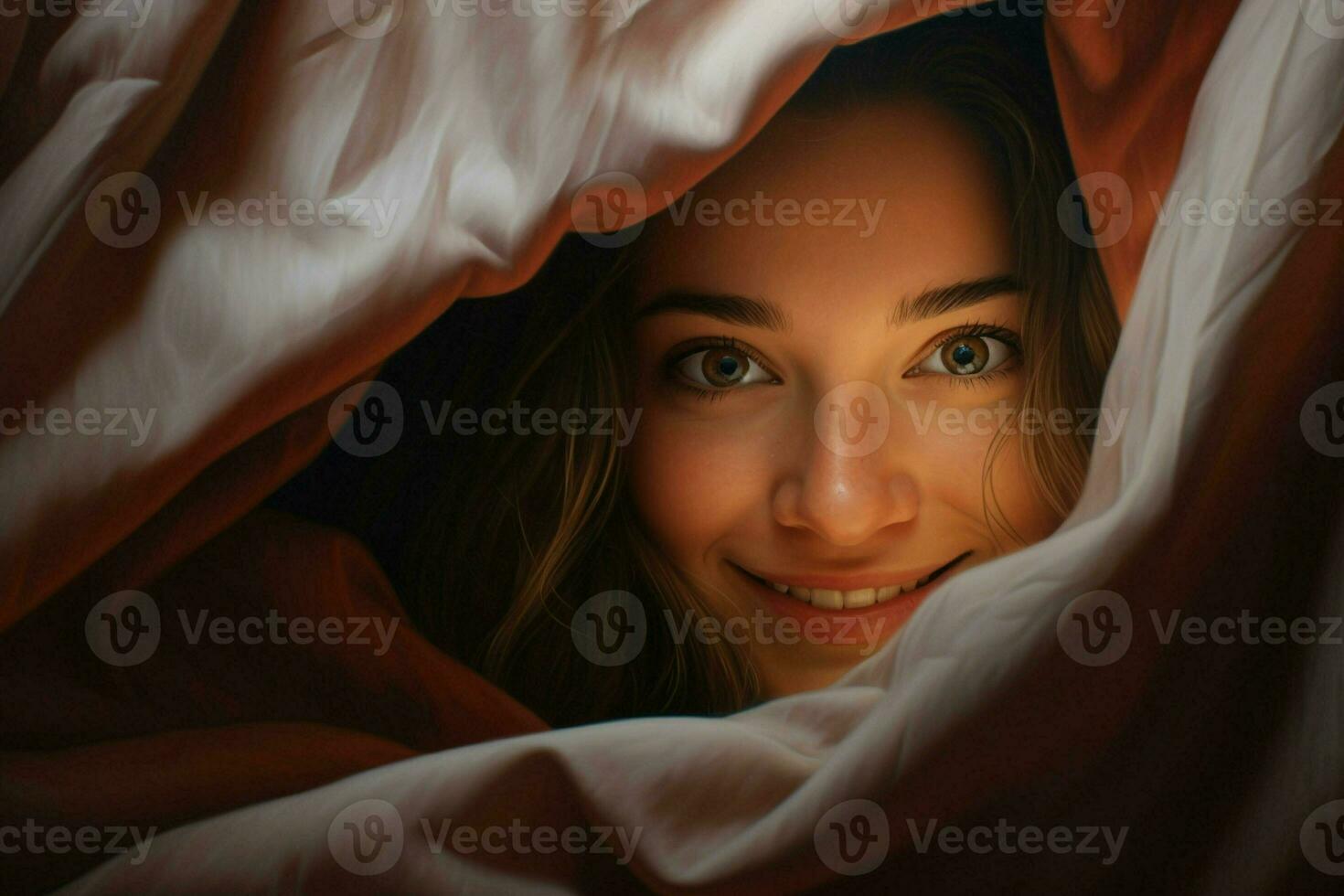 retrato do lindo jovem mulher deitado dentro cama debaixo branco cobertor. ai gerado pró foto