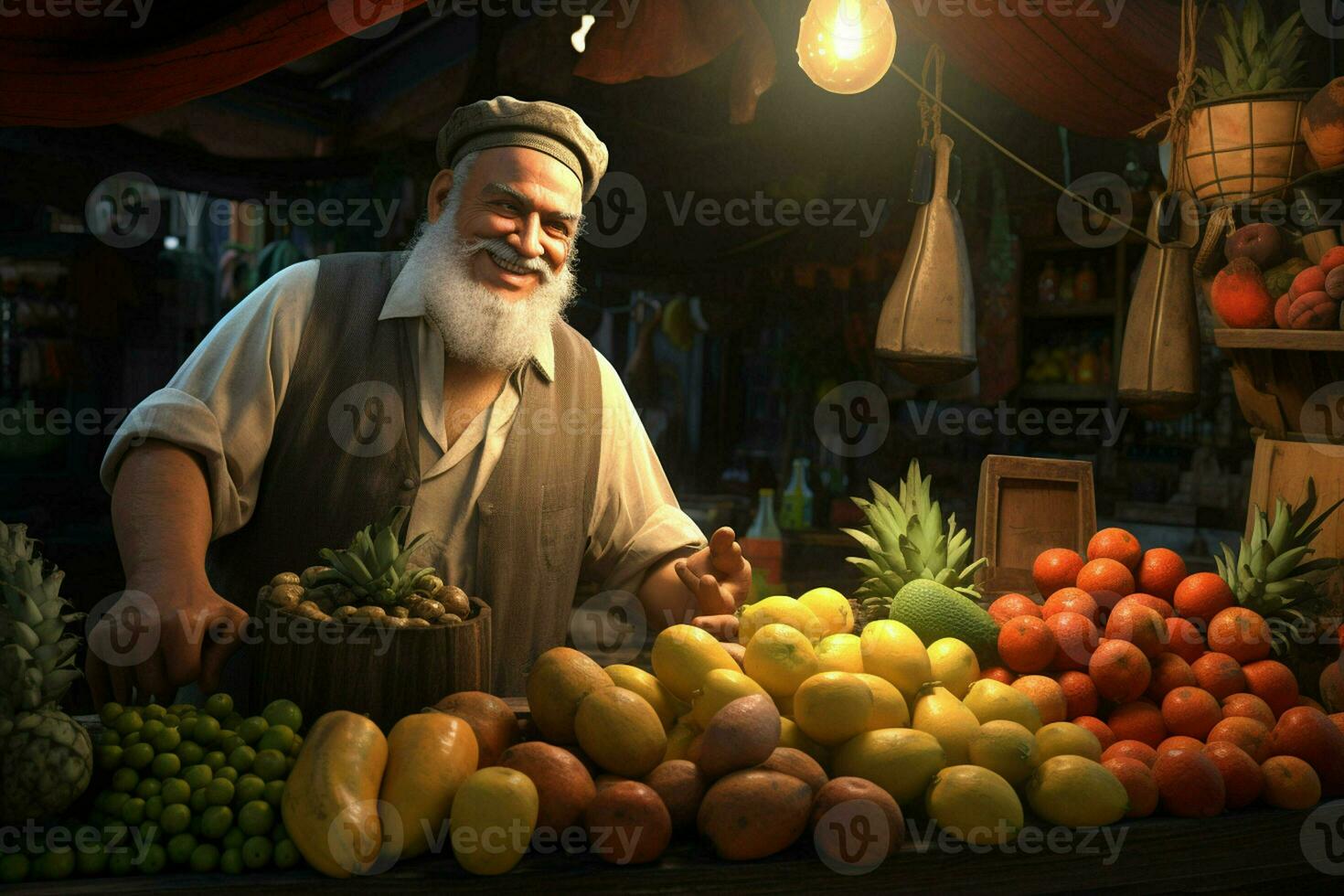 retrato do uma sorridente homem vendendo frutas dentro uma fruta fazer compras. ai gerado pró foto