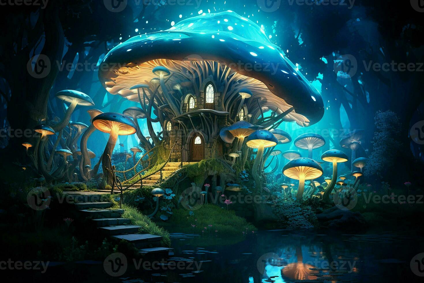 fantasia panorama com Magia castelo e cogumelos. 3d ilustração. ai gerado pró foto