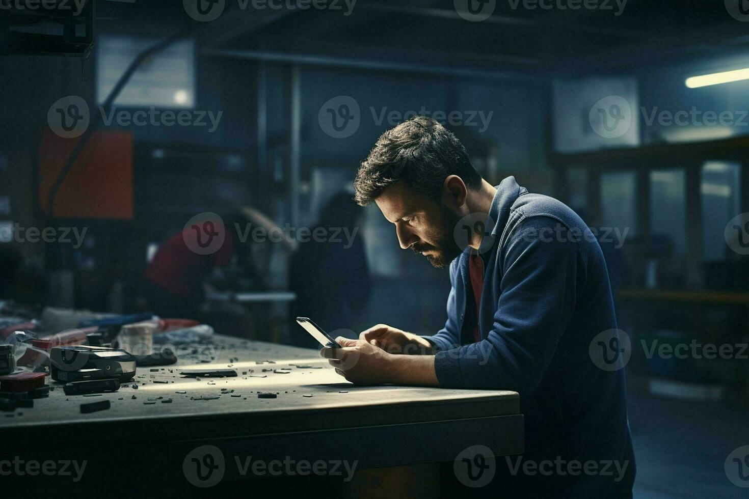 técnico trabalhando com Móvel telefone às noite dentro a fábrica. tecnologia conceito. ai gerado pró foto