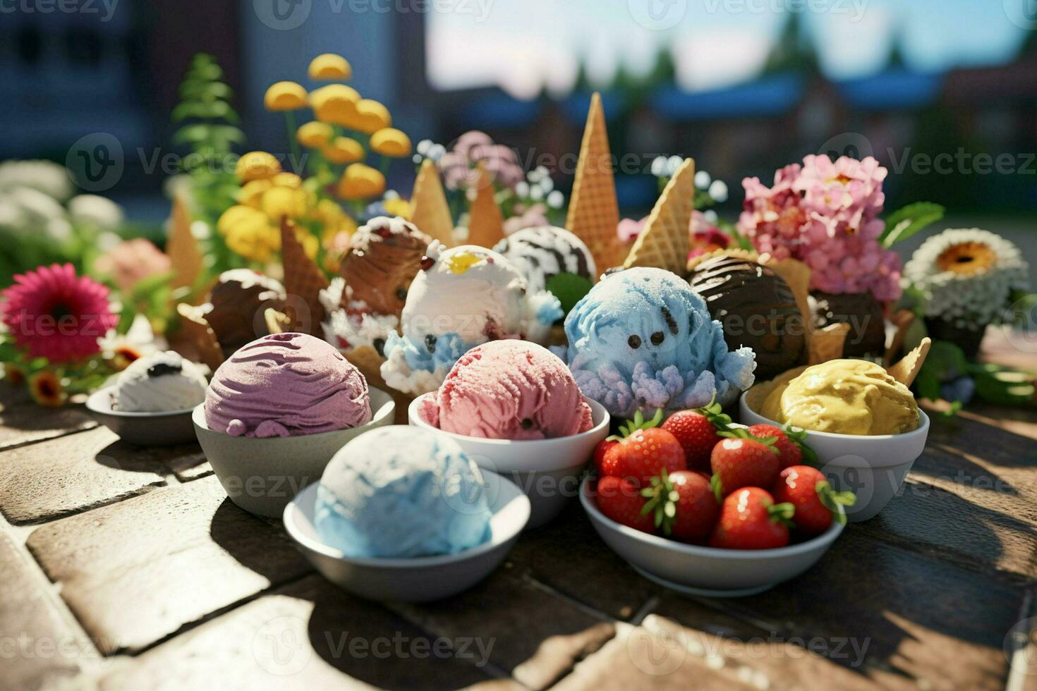 variedade do colorida gelo creme dentro waffle cones, fechar-se. ai gerado pró foto