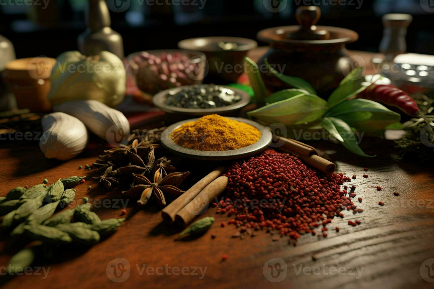 especiarias e ervas em a mesa dentro composição com cozinha acessórios. ai gerado pró foto