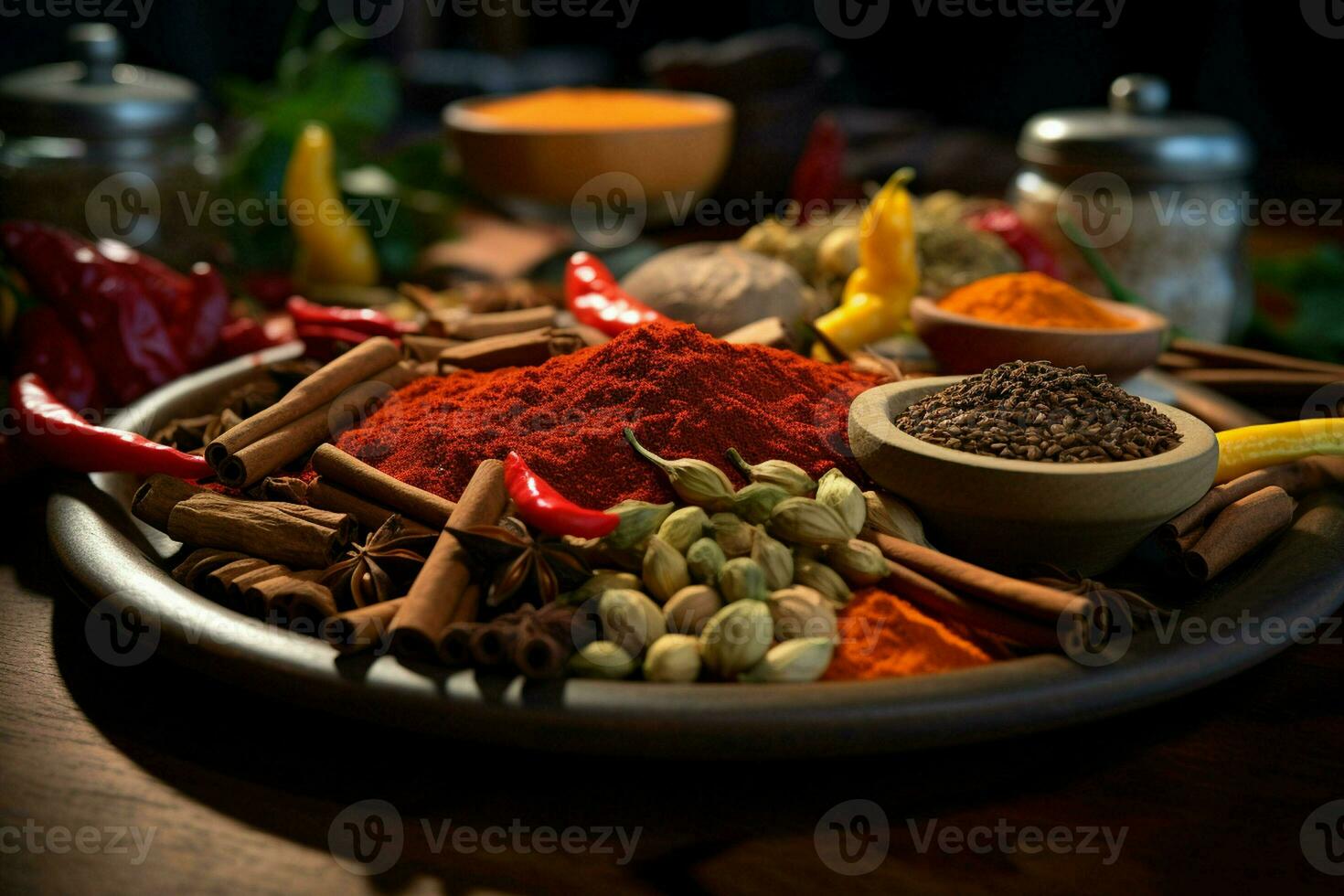 especiarias e ervas em a mesa dentro composição com cozinha acessórios. ai gerado pró foto