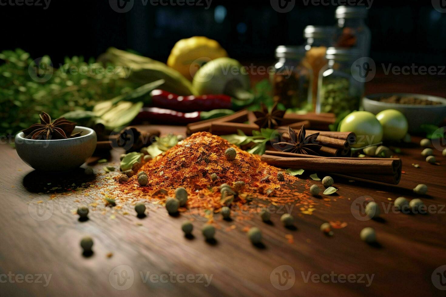 especiarias e ervas em a mesa dentro composição com cozinha acessórios. ai gerado pró foto