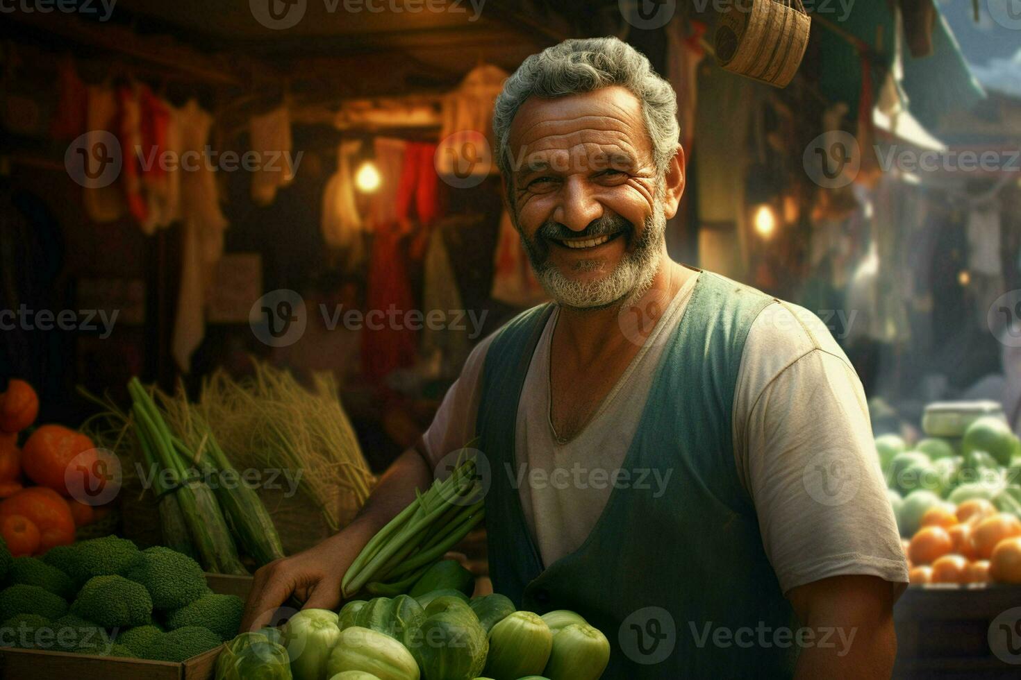 retrato do uma sorridente homem vendendo legumes às uma mercearia loja. ai gerado pró foto