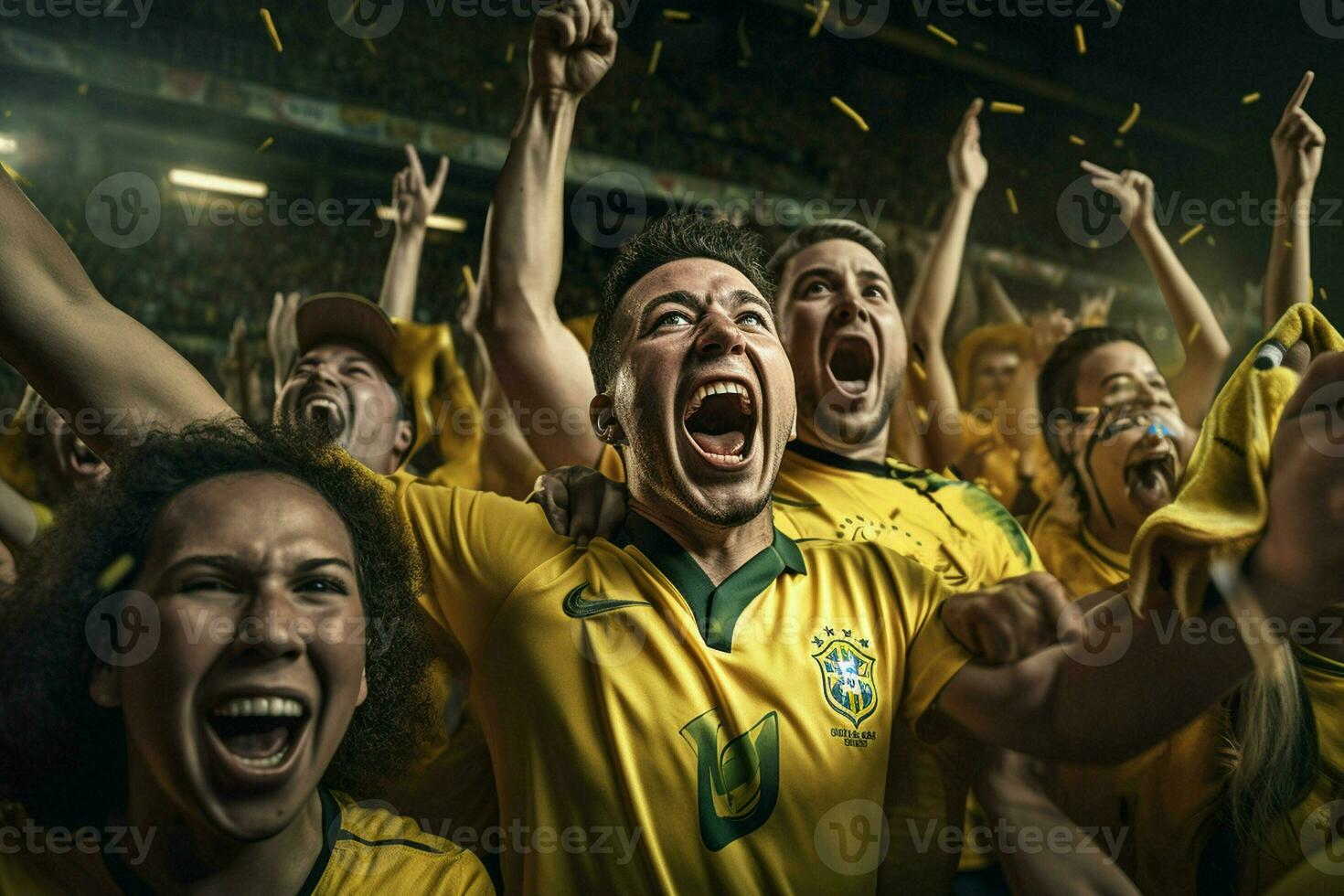 animado Brasil futebol fãs torcendo para seus equipe durante uma jogos às estádio. ai gerado pró foto