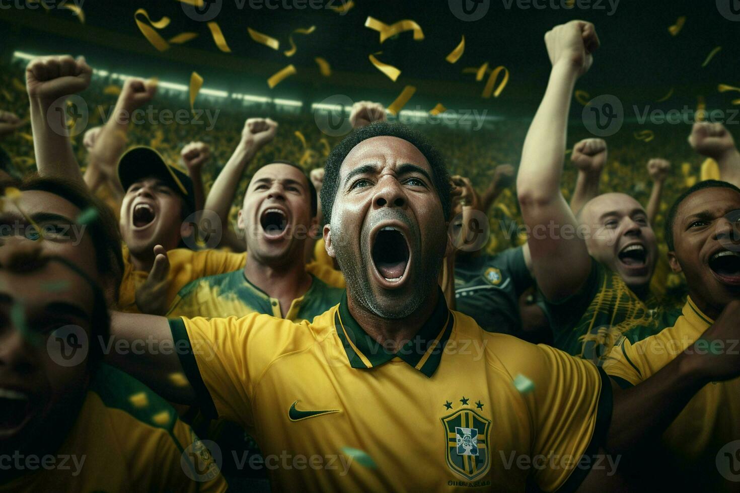 animado Brasil futebol fãs torcendo para seus equipe durante uma jogos às estádio. ai gerado pró foto