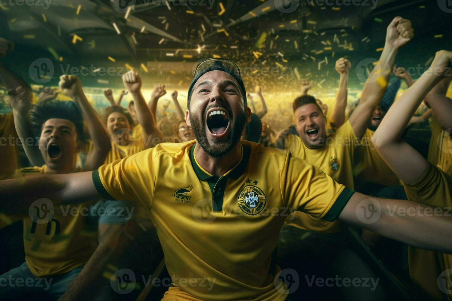 animado Brasil futebol fãs torcendo para seus equipe durante uma jogos às estádio. ai gerado pró foto