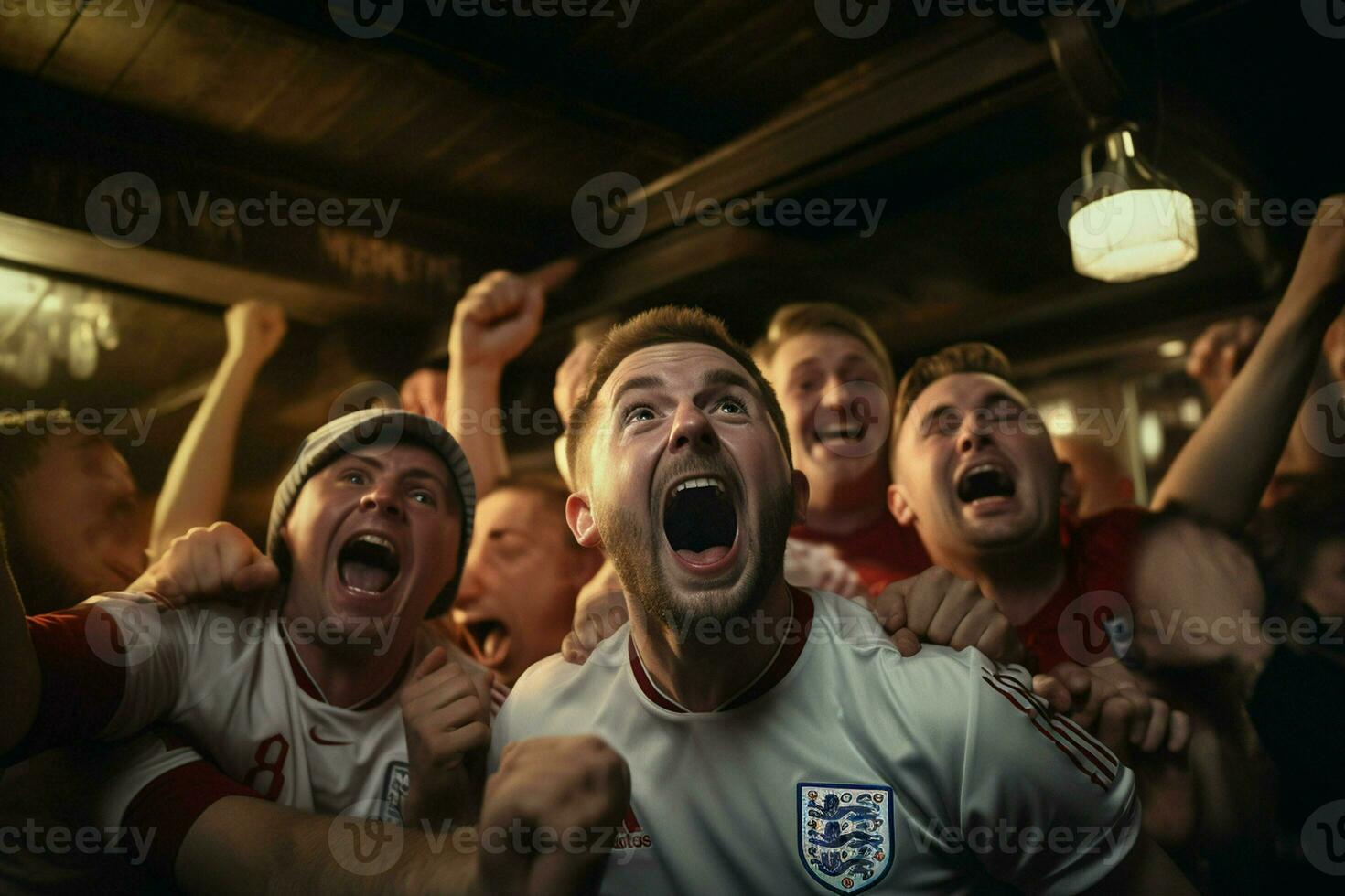 animado Inglaterra futebol fãs torcendo para seus equipe durante uma jogos às estádio. ai gerado pró foto