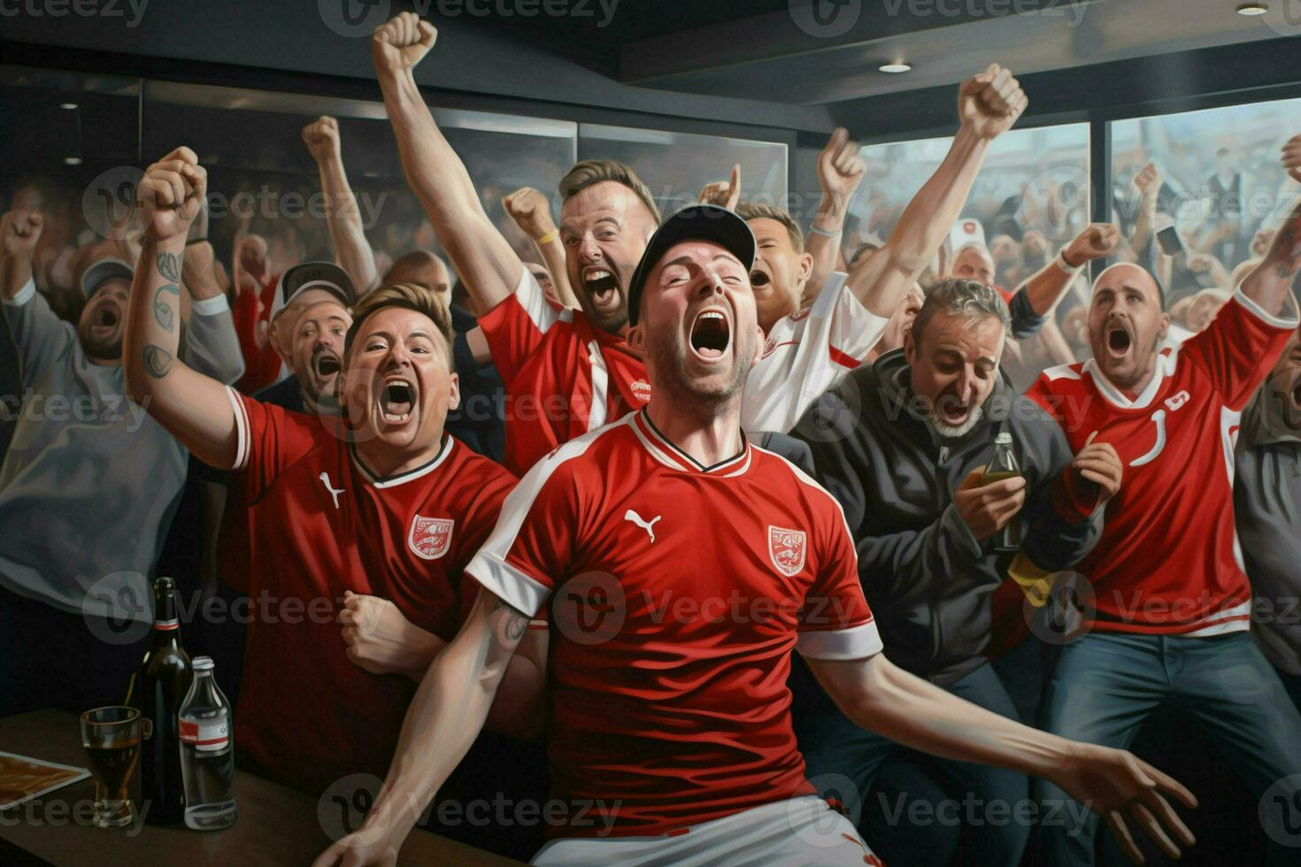 animado Inglaterra futebol fãs torcendo para seus equipe durante uma jogos às estádio. ai gerado pró foto