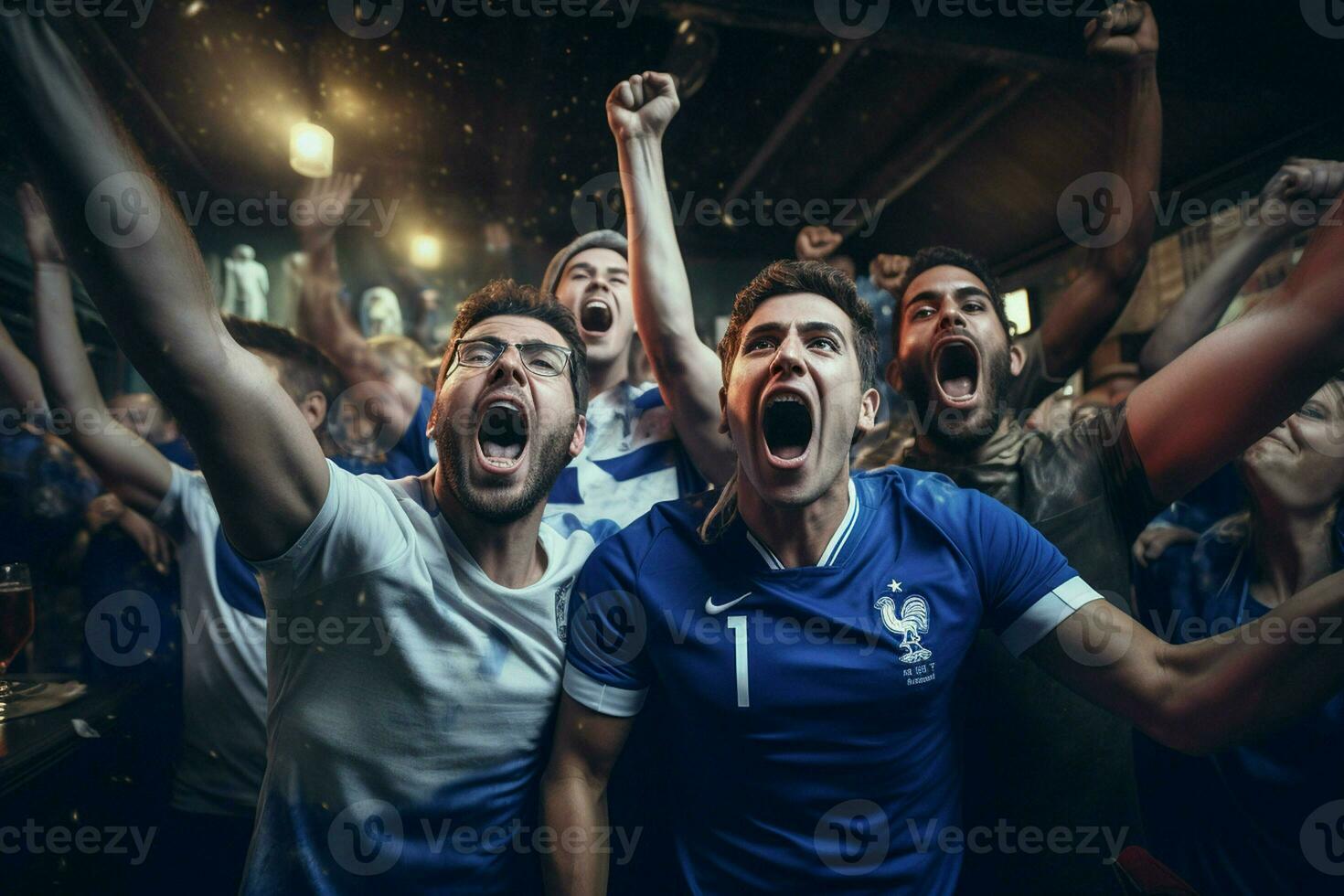animado França futebol fãs torcendo para seus equipe durante uma jogos às estádio. ai gerado pró foto