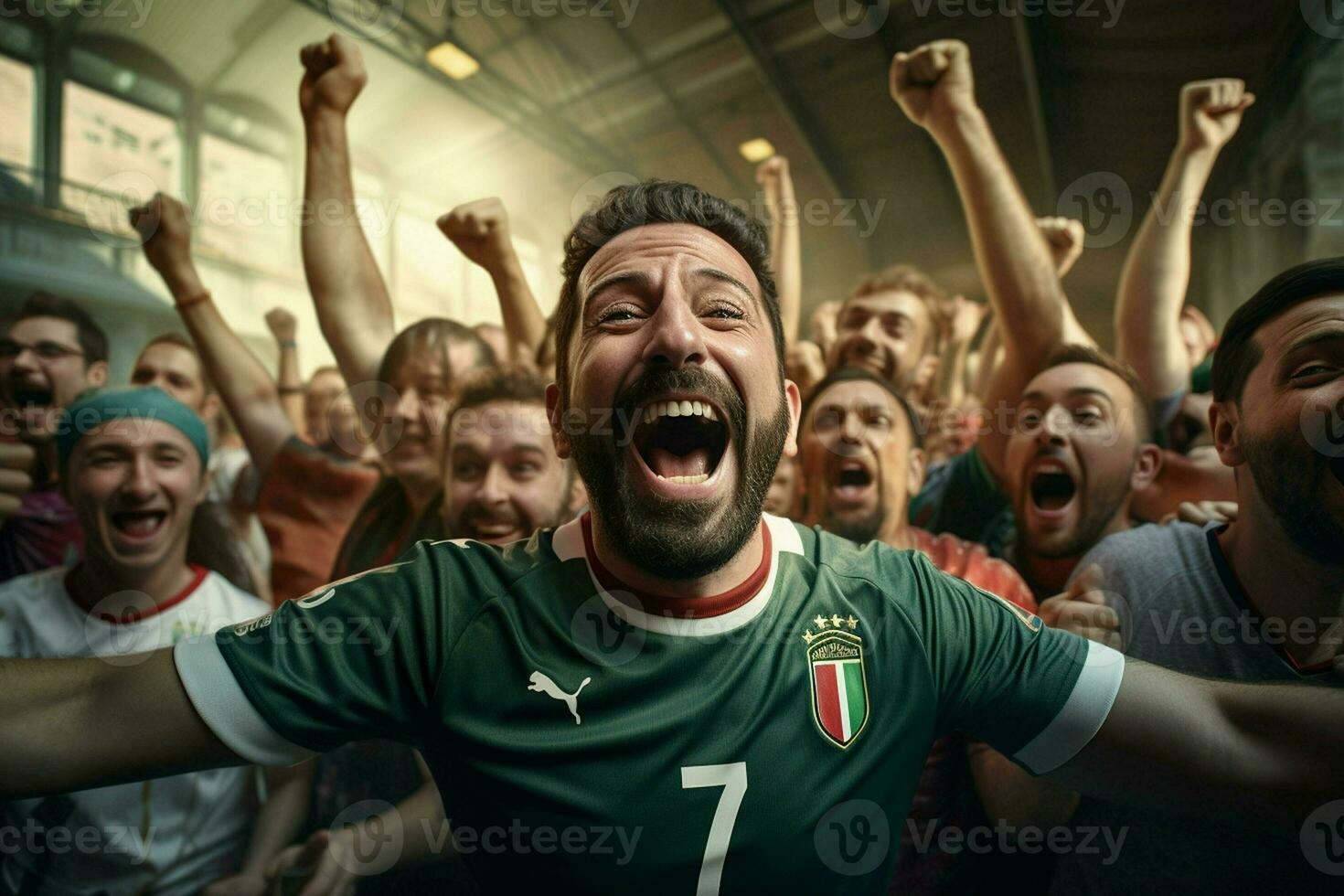 animado Itália futebol fãs torcendo para seus equipe durante uma jogos às estádio. ai gerado pró foto
