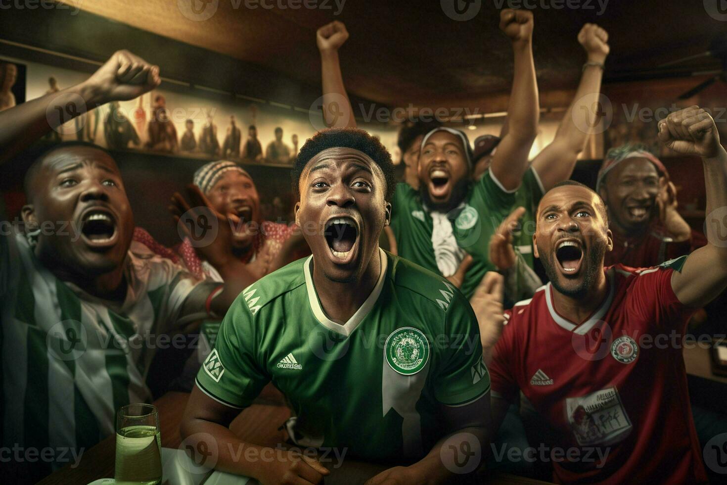 animado Nigéria futebol fãs torcendo para seus equipe durante uma jogos às estádio. ai gerado pró foto