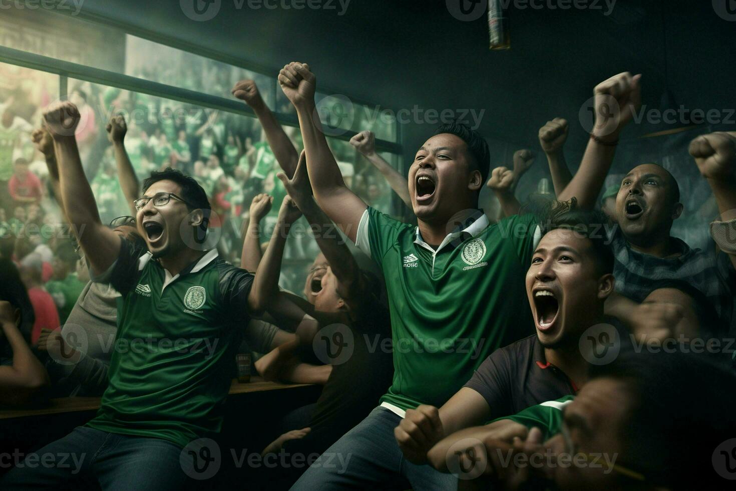 animado Bangladesh futebol fãs torcendo para seus equipe durante uma jogos às estádio. ai gerado pró foto
