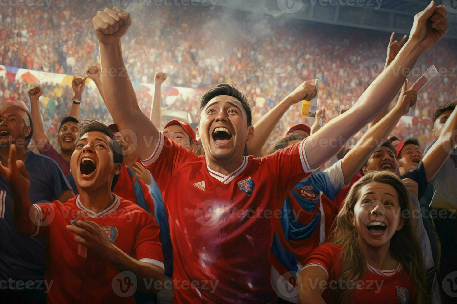 animado Costa Rica futebol fãs torcendo para seus equipe durante uma jogos às estádio. ai gerado pró foto