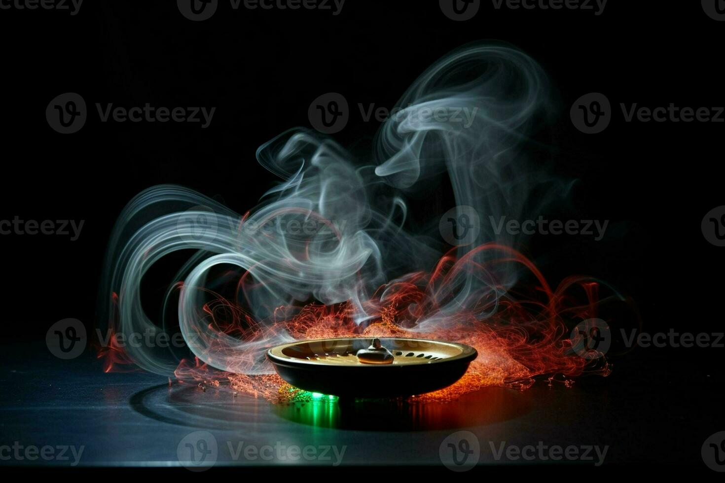 incenso dentro uma tigela em uma Preto fundo com fumaça e fogo. ai gerado pró foto