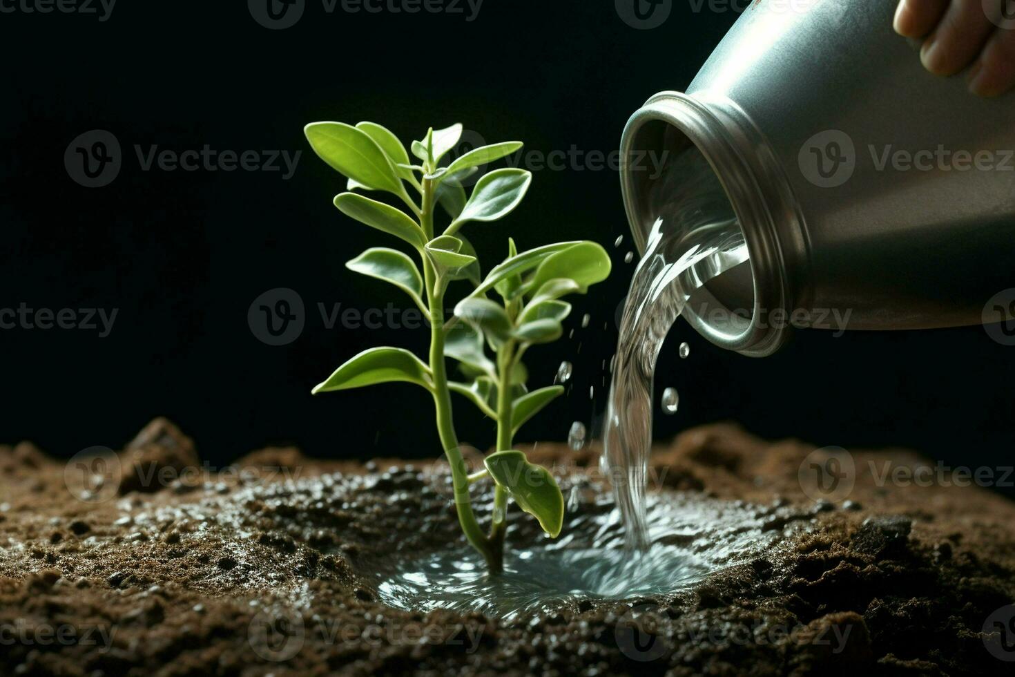 rega uma jovem verde plantar dentro a terra com água gotas. ai gerado pró foto