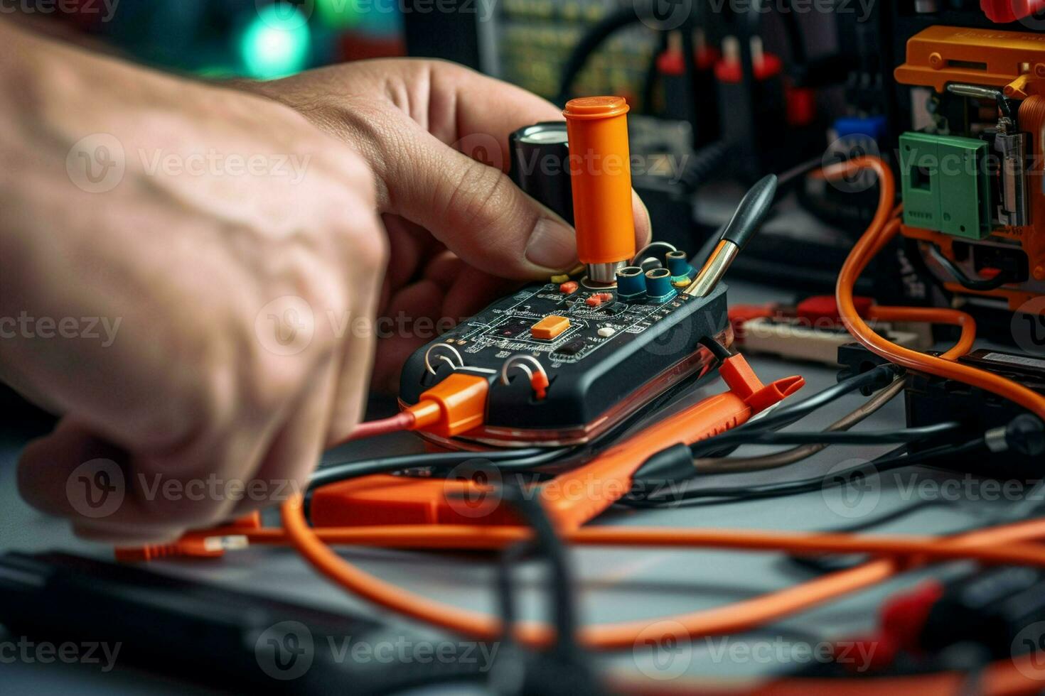 reparador reparação eletrônico o circuito borda dentro a oficina às noite. ai gerado pró foto