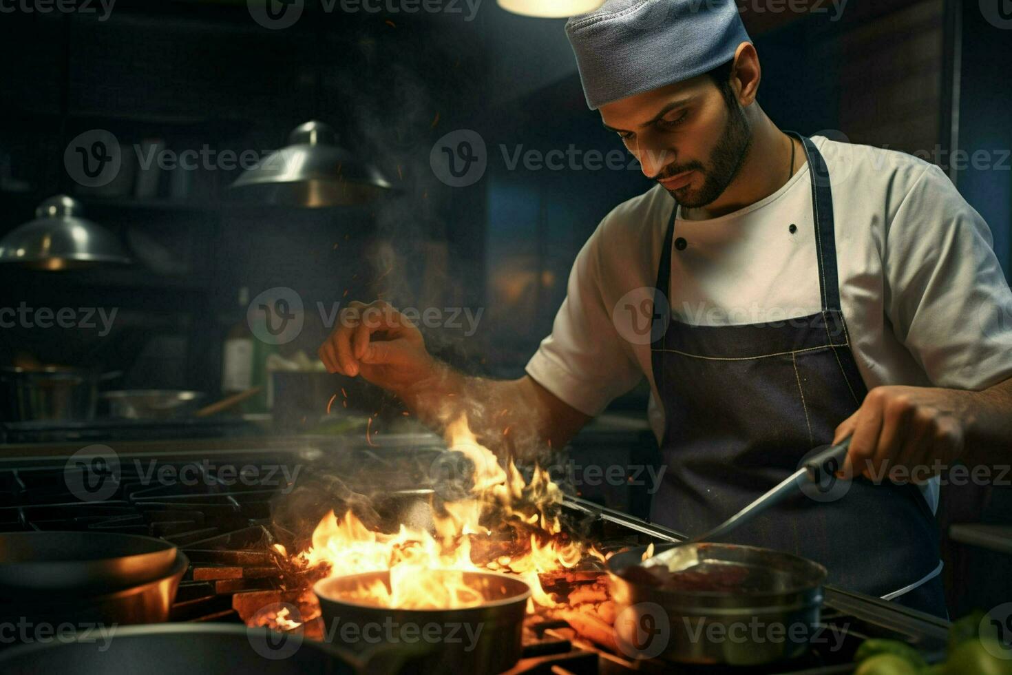 chefe de cozinha cozinhando Comida dentro cozinha às restaurante. retrato do bonito barbudo chefe de cozinha cozinhando Comida dentro restaurante. ai gerado pró foto