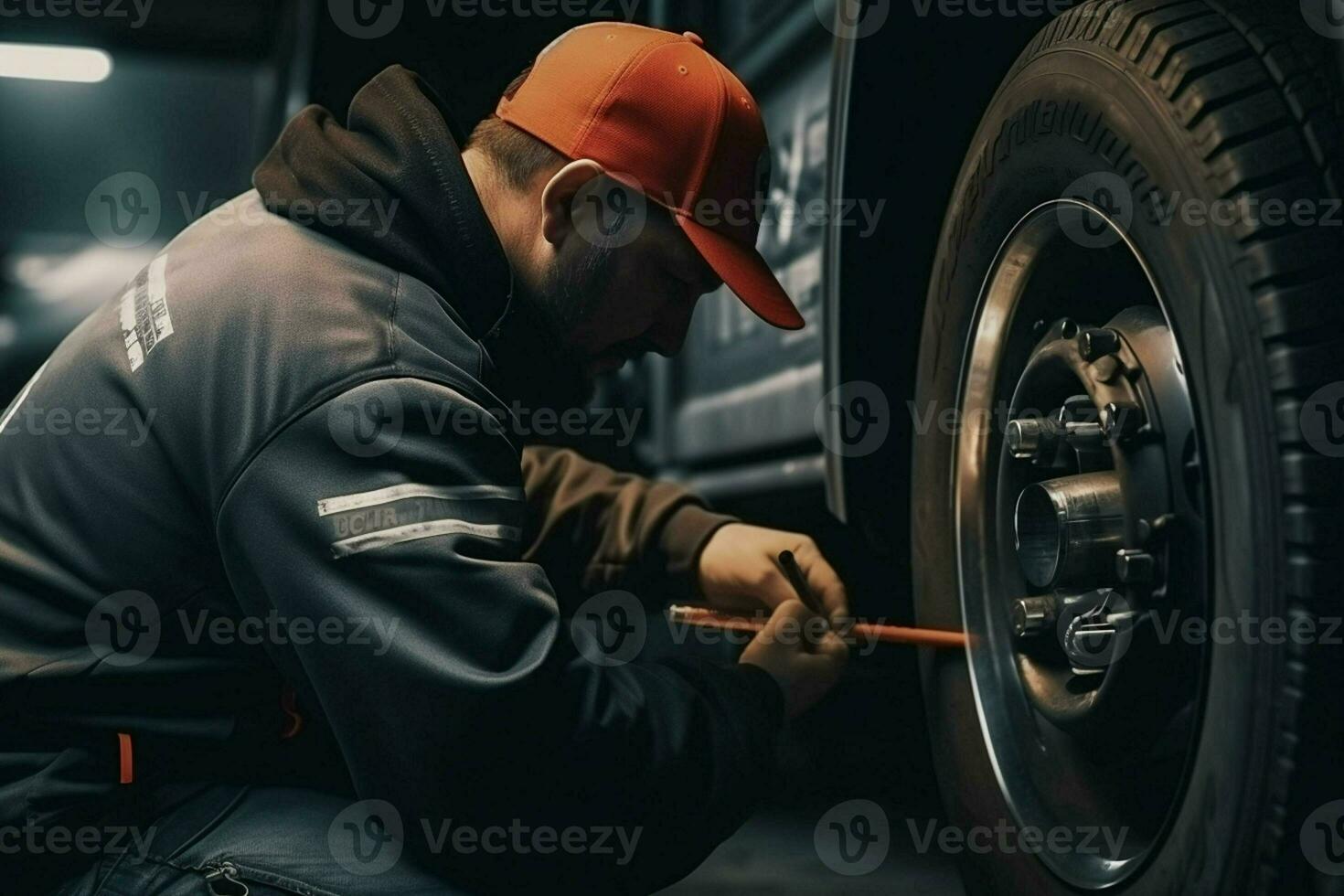 auto mecânico mudando uma carro pneu às uma carro reparar serviço estação. mecânico mudando uma carro roda com uma chave inglesa dentro uma garagem. ai gerado pró foto