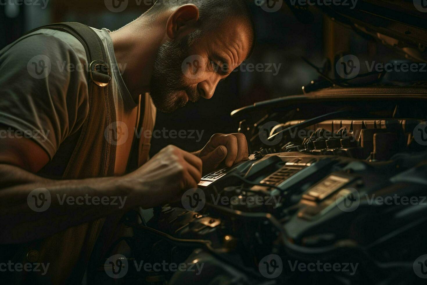 profissional mecânico trabalhando dentro auto reparar fazer compras. bonito jovem caucasiano homem dentro uniforme reparação uma carro. ai gerado pró foto