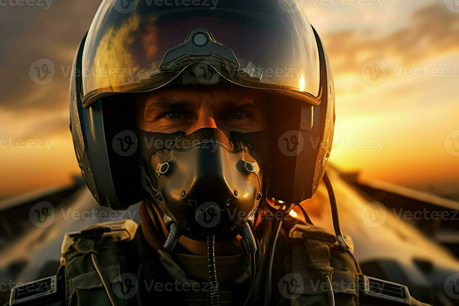 retrato do uma piloto com uma gás mascarar em a fundo do uma pôr do sol. ai gerar pró foto