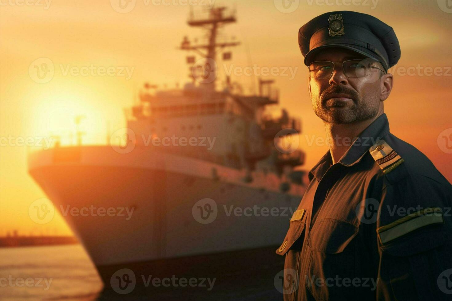 retrato do confiante masculino piloto em pé com mãos em ancas e olhando às Câmera enquanto em pé contra carga navio às pôr do sol. ai gerado pró foto