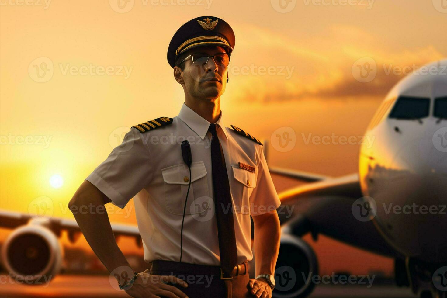 retrato do bonito piloto dentro uniforme em pé dentro frente do avião às aeroporto. ai gerado pró foto