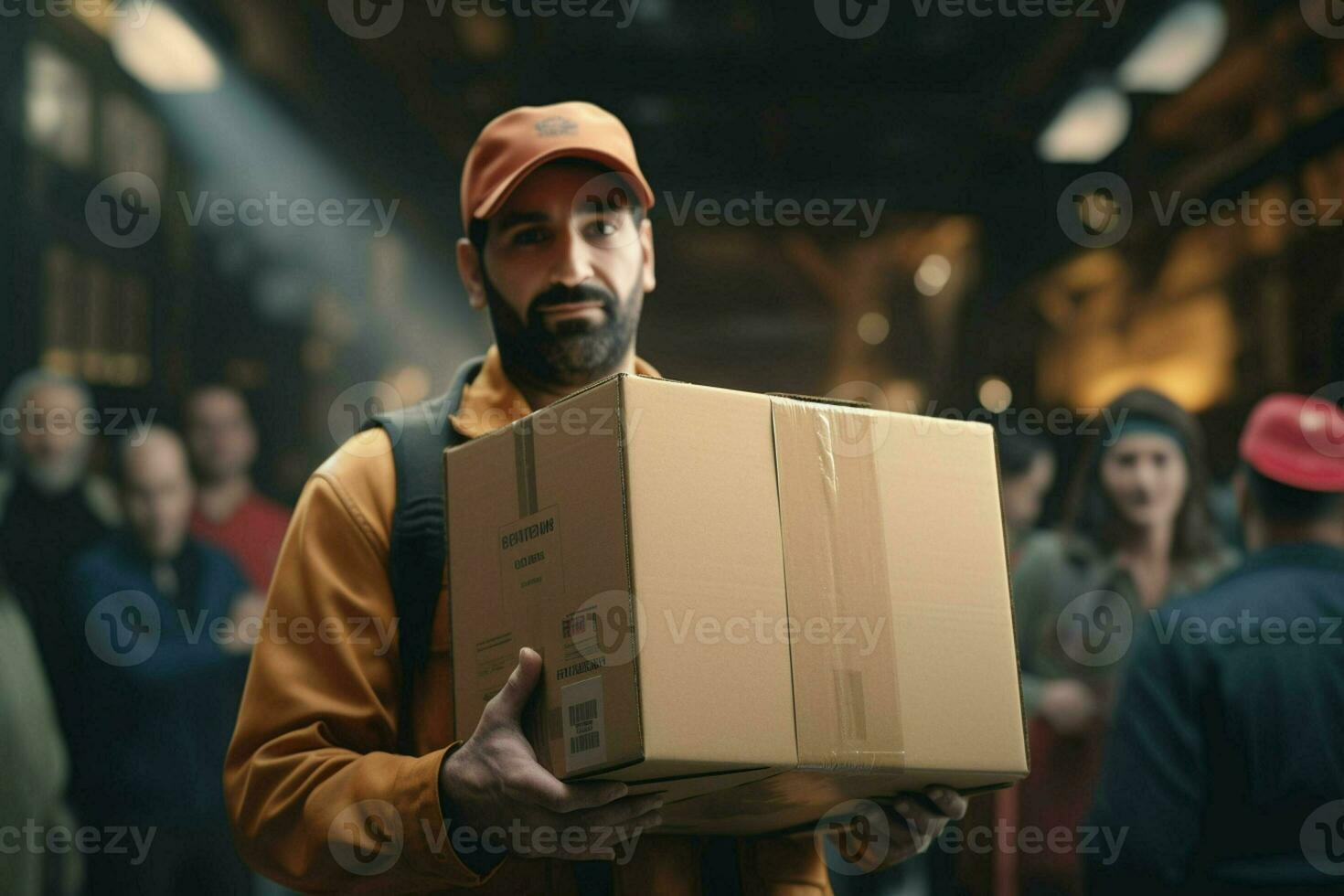 retrato do uma masculino trabalhador segurando uma caixa dentro uma armazém. Entrega serviço conceito. ai gerado pró foto