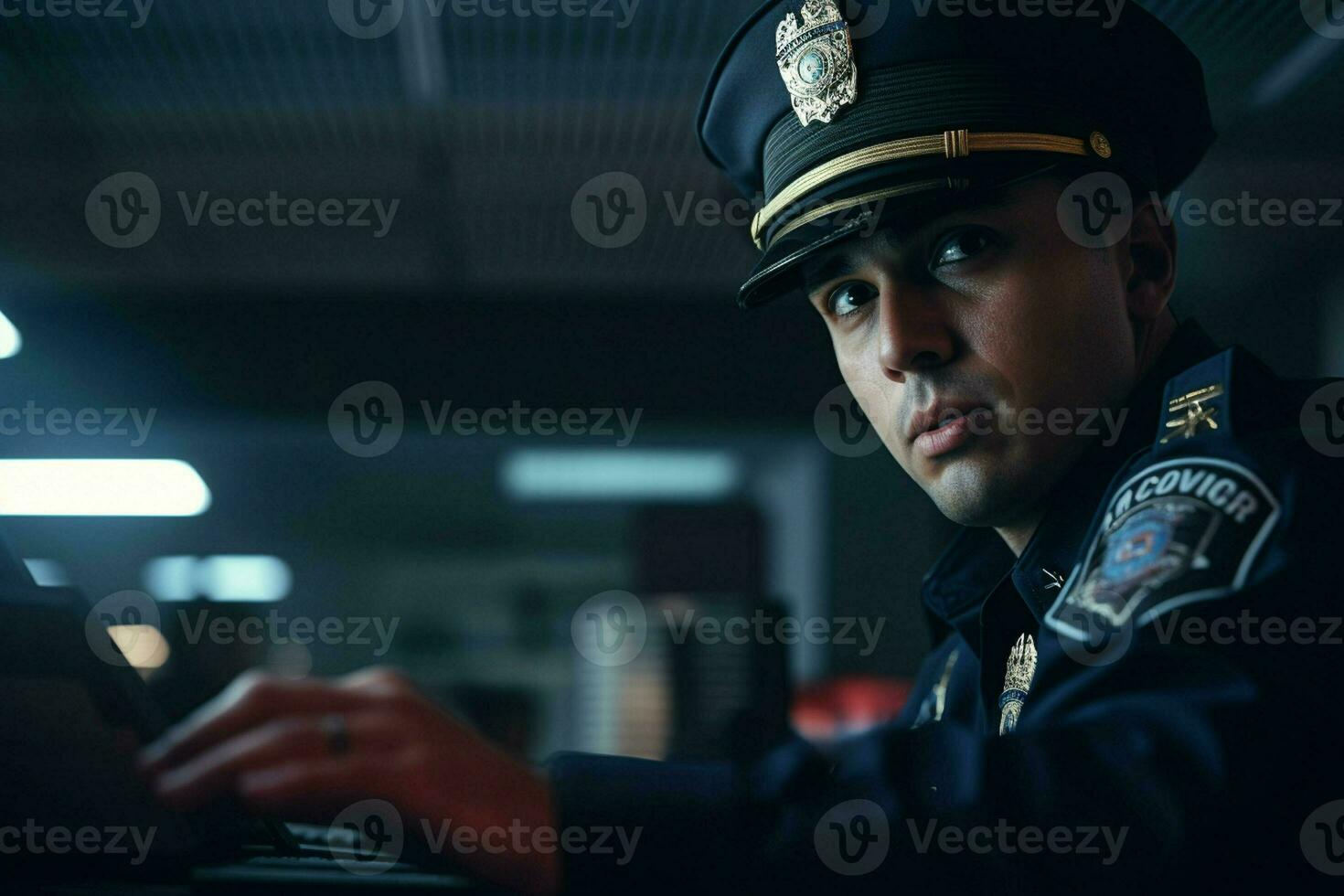 retrato do masculino polícia Policial sentado às ambiente de trabalho. ai gerado pró foto