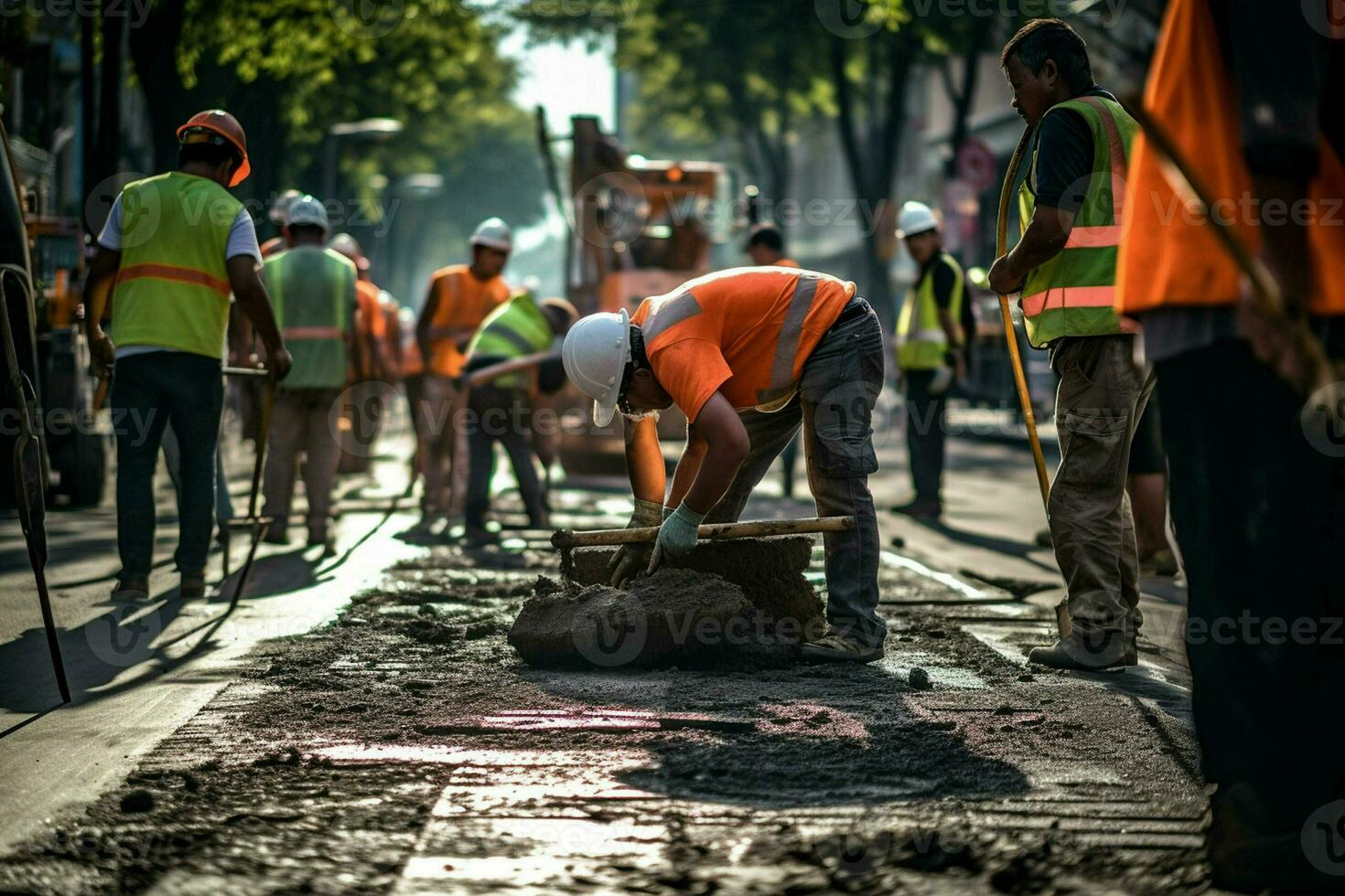 fechar-se do construção equipamento. trabalhadores às a estrada construção local deitado asfalto em uma Novo estrada. ai gerado pró foto