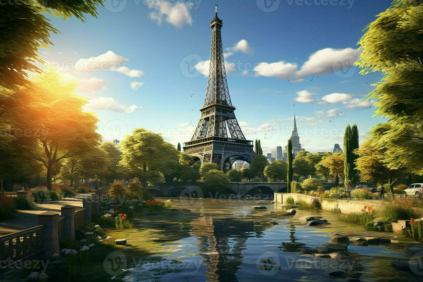 eiffel torre dentro Paris, França às pôr do sol. 3d Renderização. ai gerado pró foto