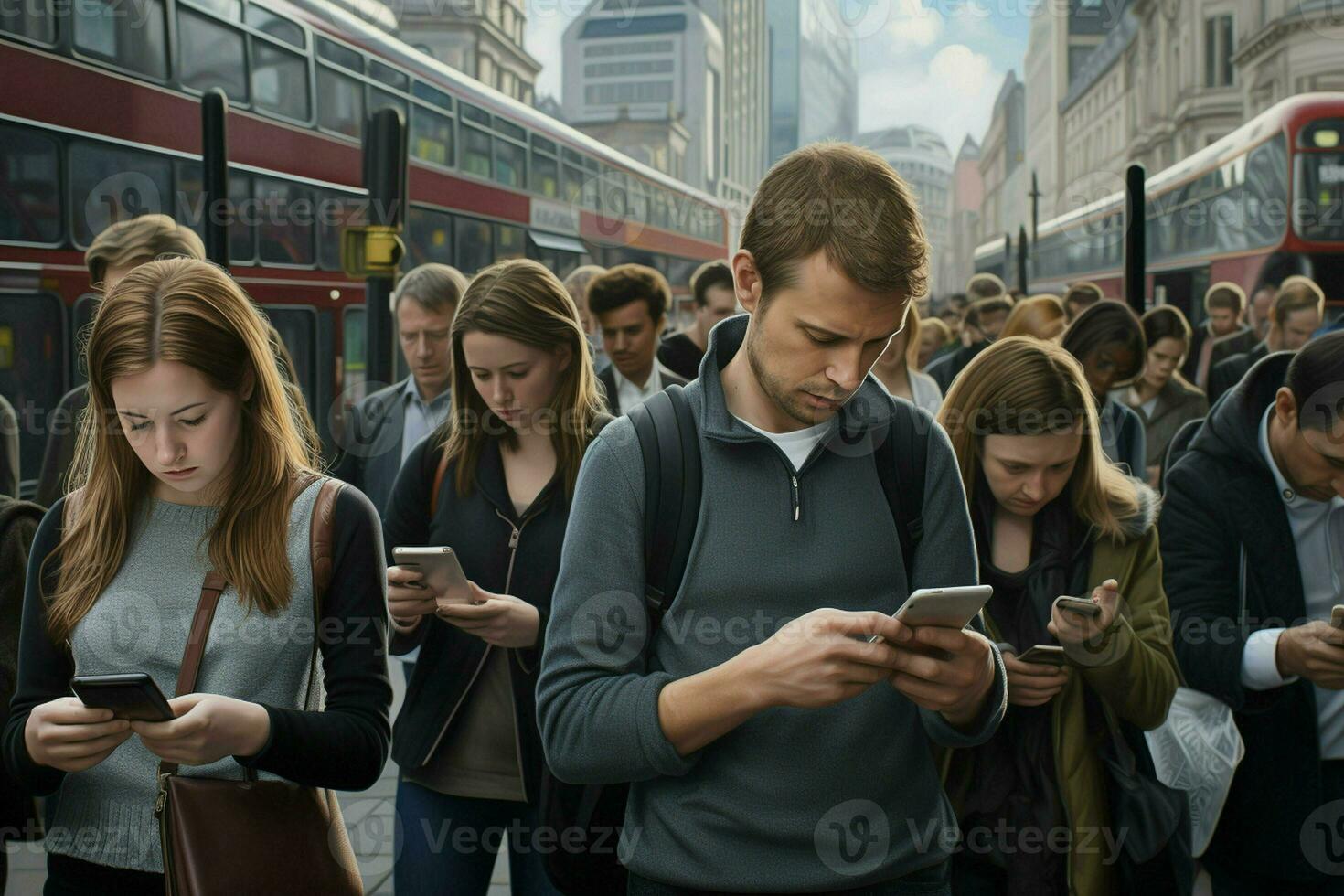 grupo do jovem pessoas usando seus smartphones dentro a rua. urbano cena. ai gerado pró foto