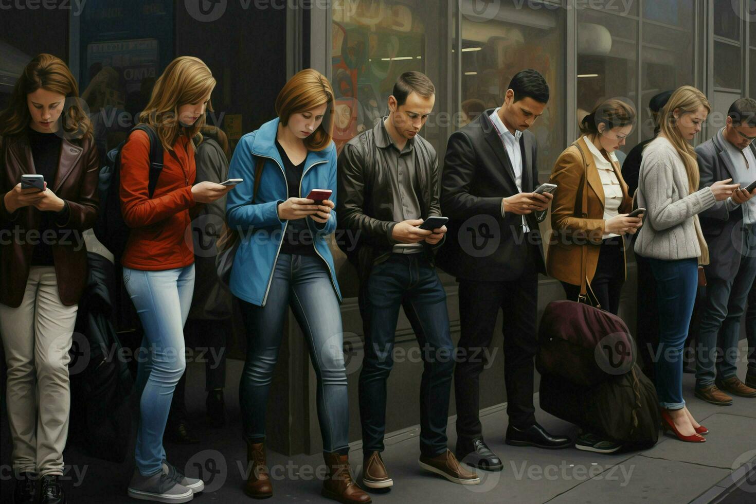 grupo do jovem pessoas usando seus smartphones dentro a rua. urbano cena. ai gerado pró foto