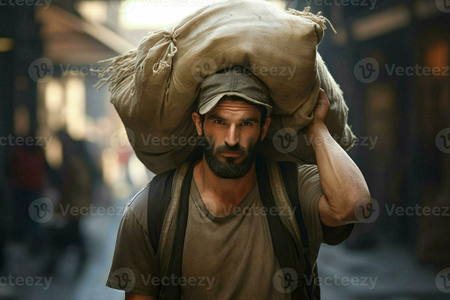 retrato do uma jovem dia trabalhador carregando uma pesado saco em dele cabeça. ai gerado pró foto