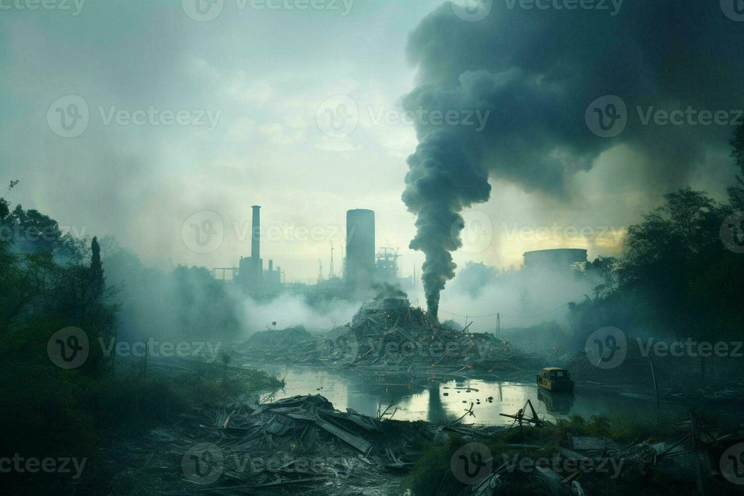 industrial fumaça Aumentar a partir de a chaminés do a óleo refinaria. poluição do a ambiente. global aquecimento conceito. ai gerado pró foto