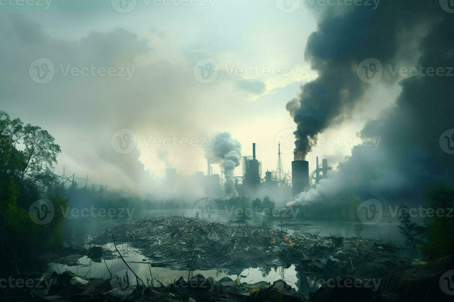 industrial fumaça Aumentar a partir de a chaminés do a óleo refinaria. poluição do a ambiente. global aquecimento conceito. ai gerado pró foto