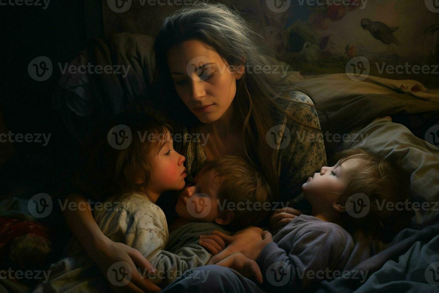 mãe com dois crianças dormindo dentro cama às lar. a conceito do família relacionamentos. ai gerado pró foto