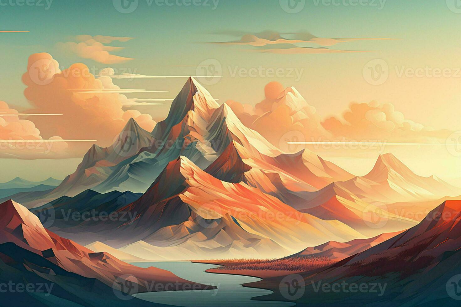 fantasia panorama com montanhas e nuvens. 3d ilustração. digital pintura. ai gerado pró foto