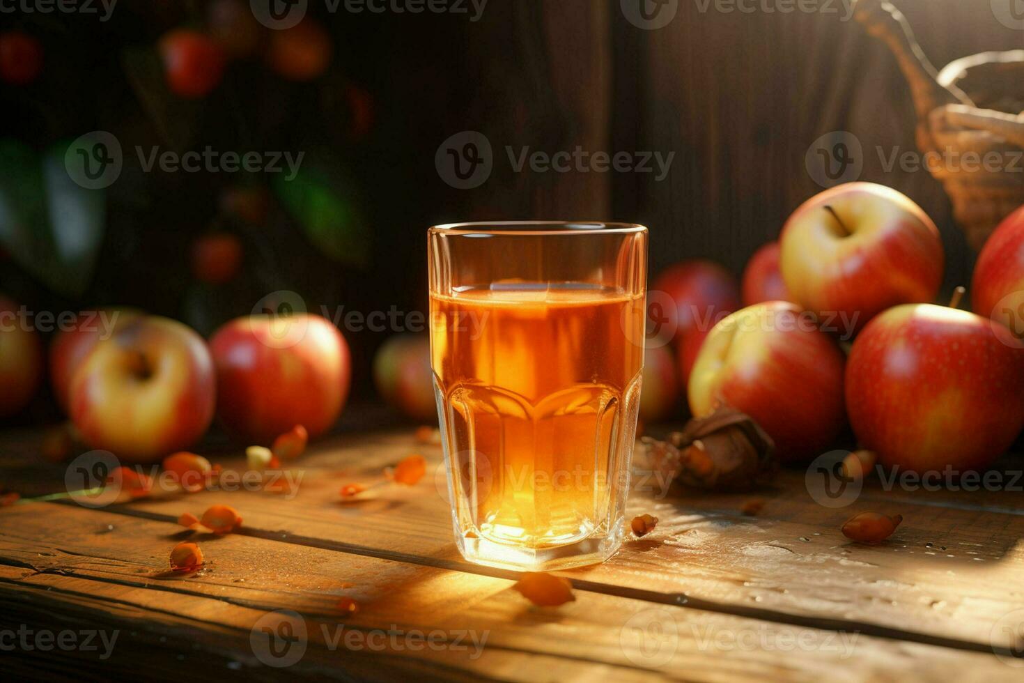 vidro do maçã suco e maduro maçãs em de madeira mesa contra natural fundo. ai gerado pró foto