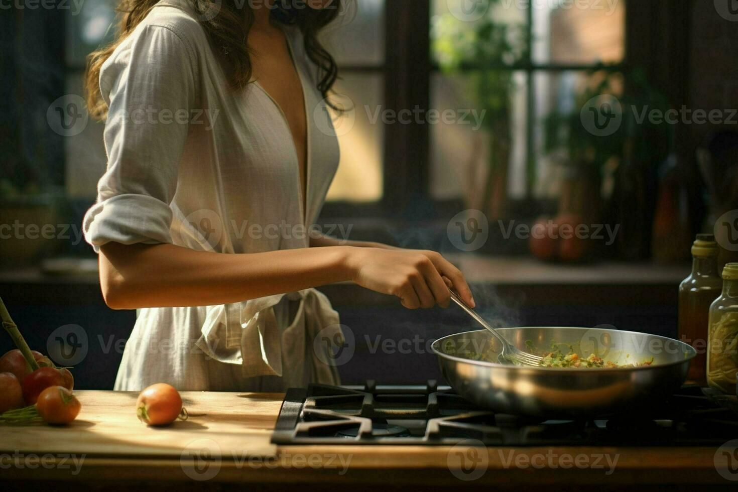 lindo jovem mulher cozinhando dentro a cozinha às lar. saudável Comida conceito. ai gerado pró foto