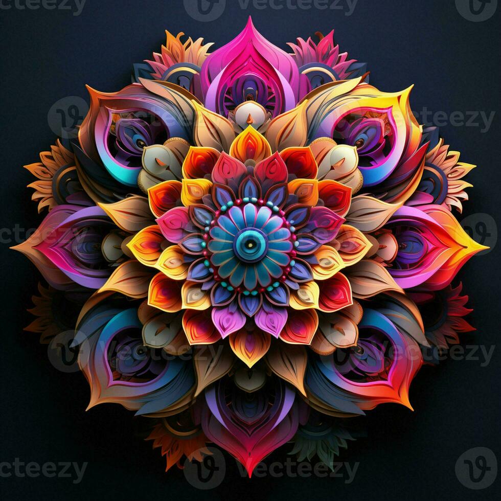 lindo mandala flor, colorida fractal mandala em Preto fundo. psicodélico digital arte. 3d Renderização. ai gerado pró foto