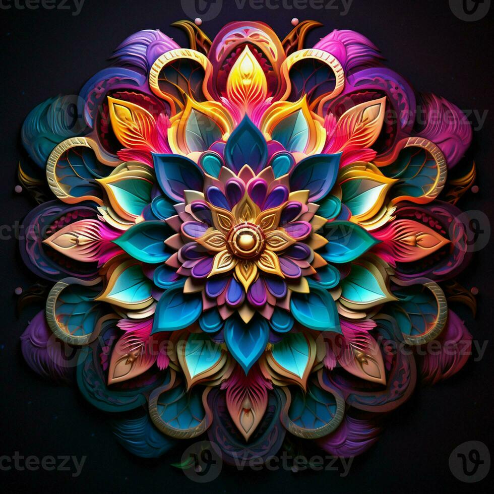 lindo mandala flor, colorida fractal mandala em Preto fundo. psicodélico digital arte. 3d Renderização. ai gerado pró foto