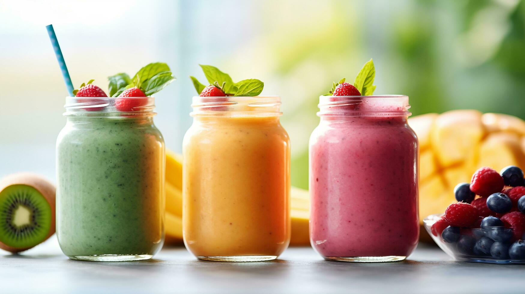 conjunto do fruta batidos, saudável fruta e vegetal smoothies.generativo ai. foto