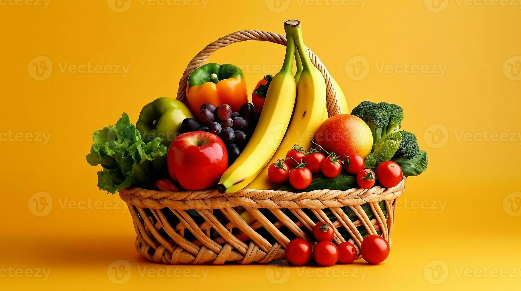 conjunto do fruta e vegetal cesta contendo uvas manga cenouras maçã bananas e tomates em branco fundo .generativo ai. foto